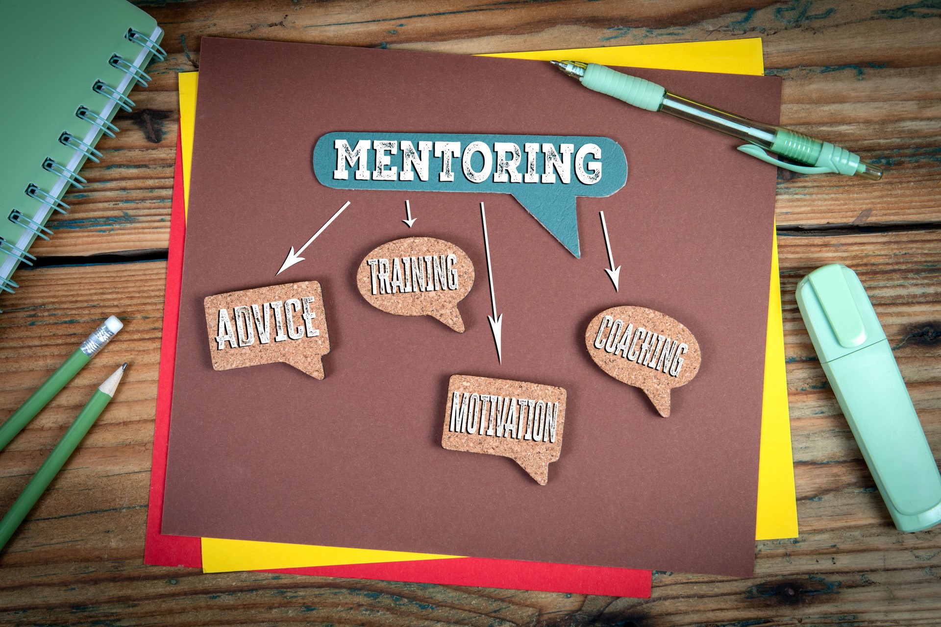 Mentoring Concept Diagram Featuring Advice, Training, Coaching, and Motivation on Desk